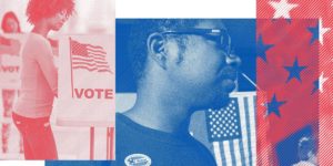 A decorative background graphic showing a collection of images related to voting rights.